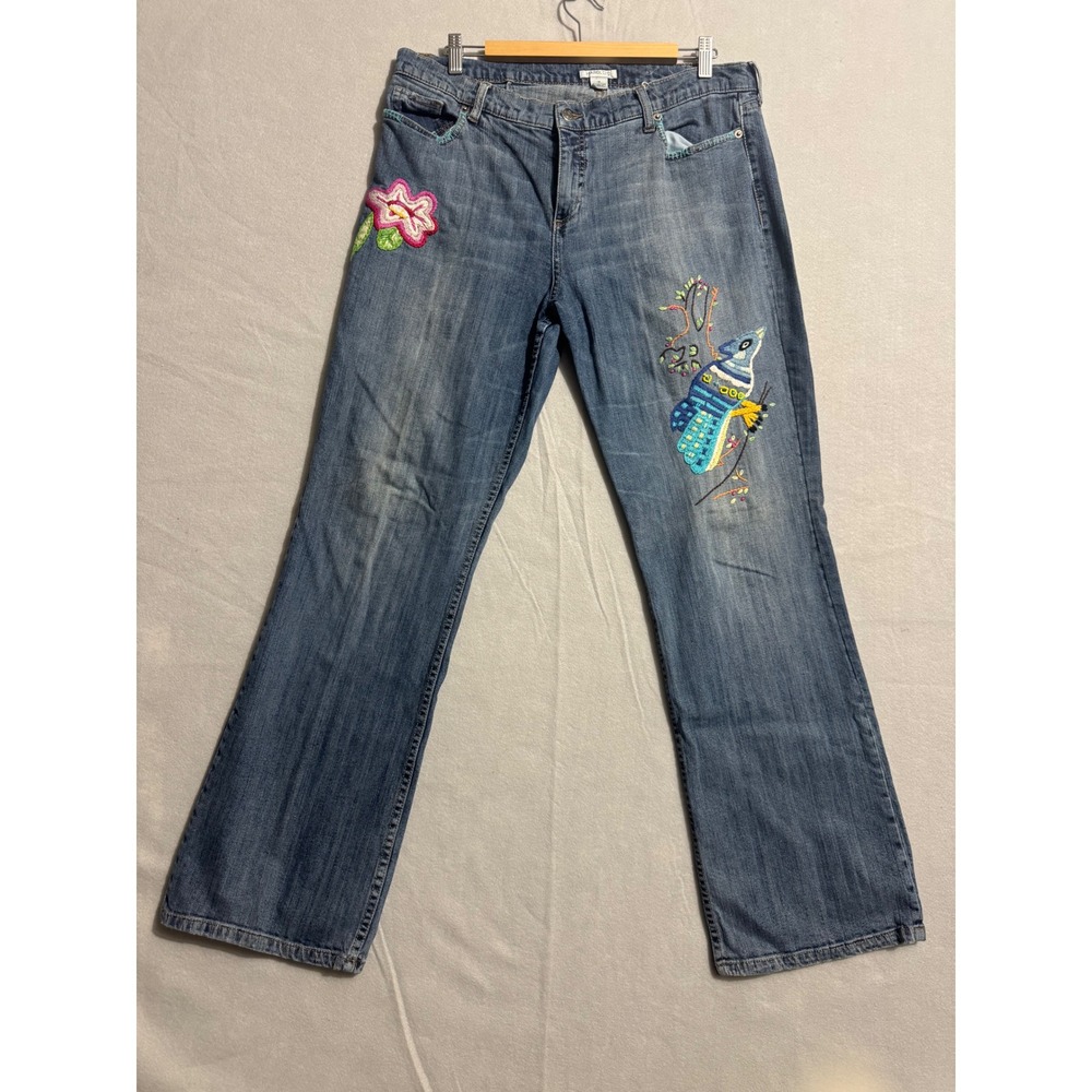 Harolds Embroidered Bird Flower Jeans Medium Wash Straight Leg Denim Womens 16